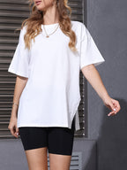 Oversized Women'S Size Top Round Neck Casual Basic Style Oversized Blouse Fashion Side Slit Loose Short Sleeve T-Shirt - White