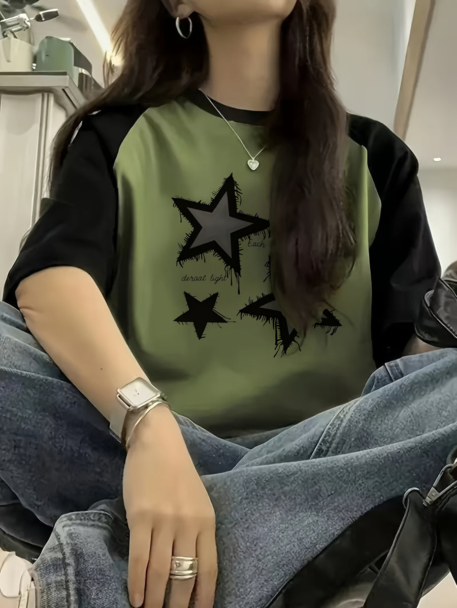 Generic Y2K Aesthetic Star Graphic Tee Women'S Retro Raglan Sleeve T-Shirt Grunge Streetwear Loose Fit Crewneck Short Sleeve Top - Olive