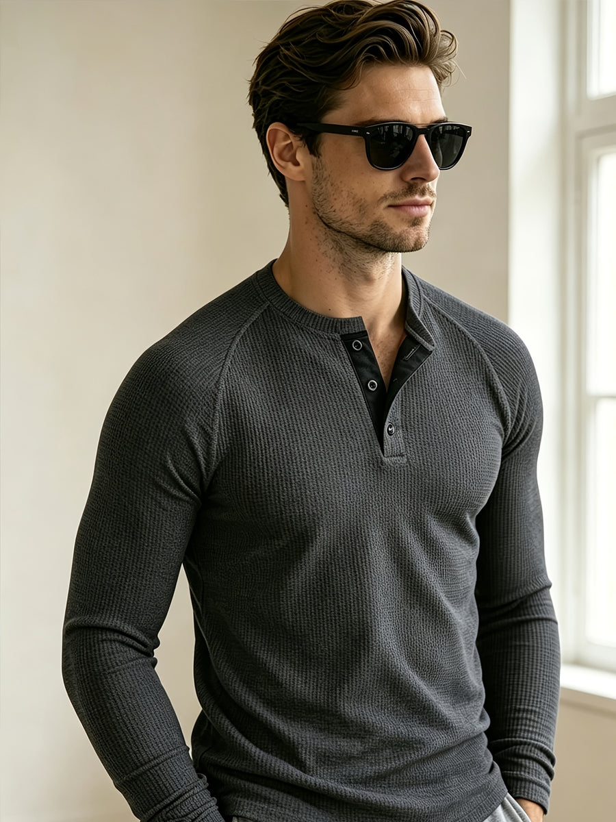 Men's Waffle Knit Henley Long Sleeve Shirts, Raglan Sleeve 3 Button Placket Crew Neck T-Shirt, Casual Slim Fit Lightweight Basic Tops for Daily Workout Outdoor Winter Clothes for Men - Deep Gray