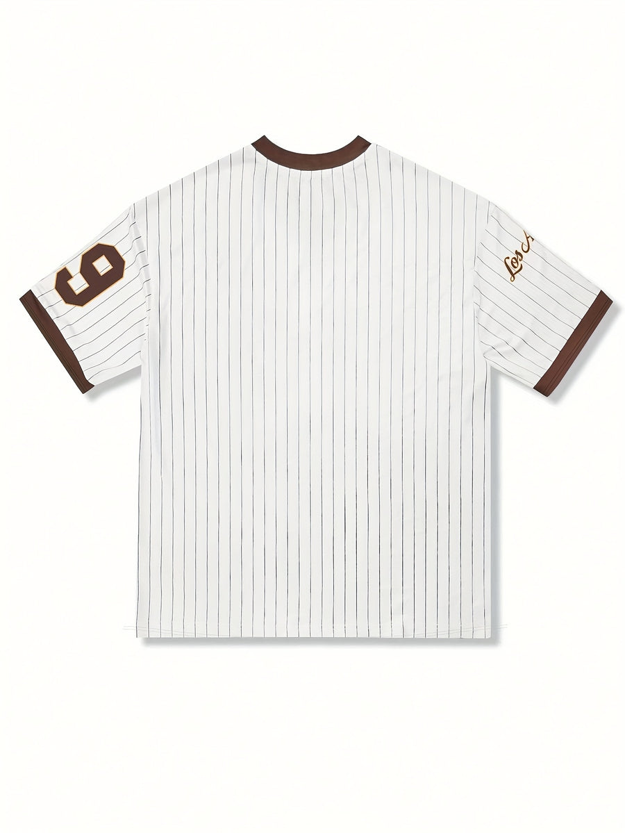 European and American V-neck Trendy Letter Print Sports T-shirt - Coffee Color
