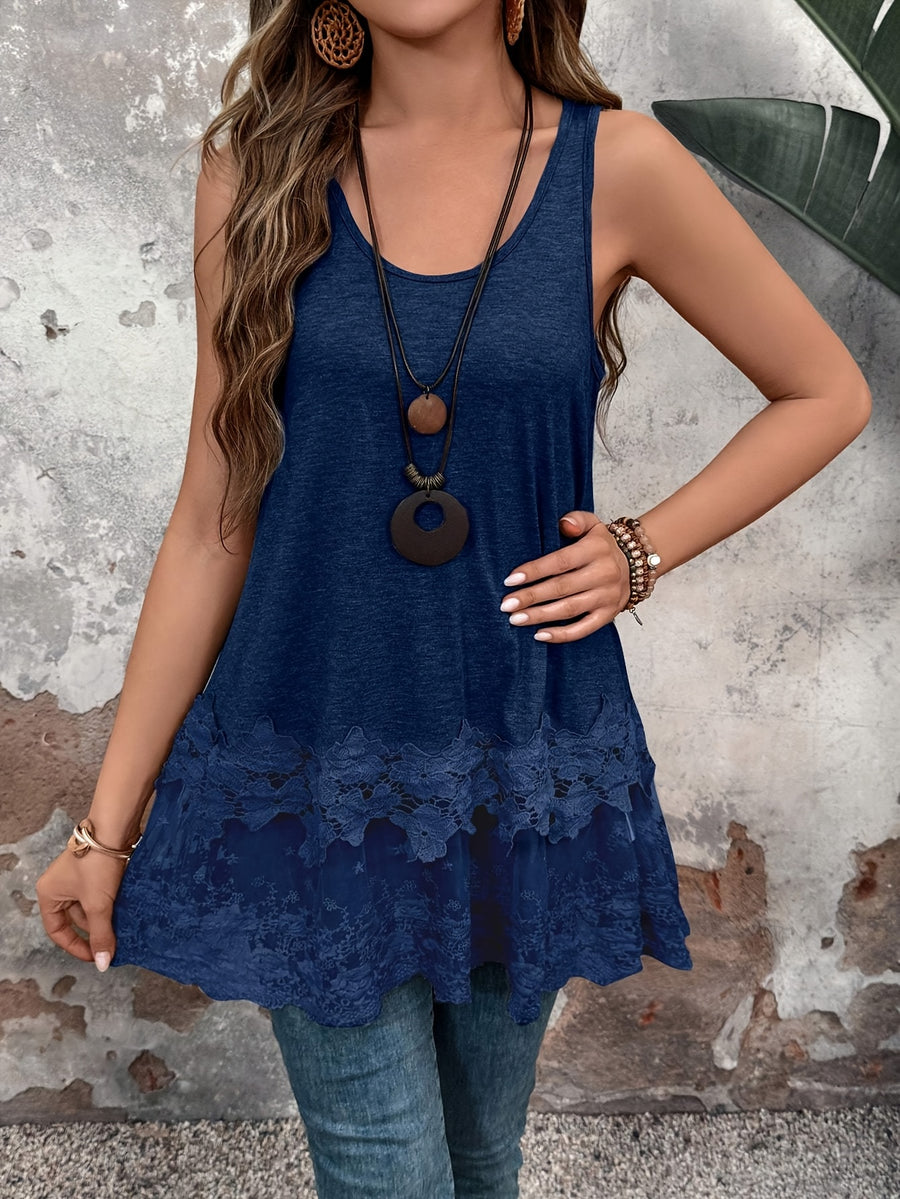 Women's Fashion Long Vest with Contrast Lace for Summer - Sea Blue