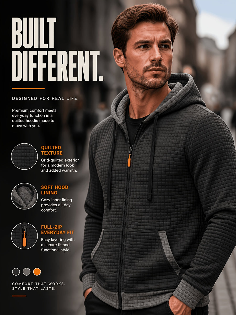 Autumn/Winter Men's Thickened Jacquard Long-Sleeve Open Cardigan Jacket, Hooded Fashionable Checkered Jacquard Textured Fabric, Comfortable Outerwear Suitable for Daily Outings, Outdoor Sports, Travel, and Vacations. Lightweight and Comfortable - Black
