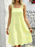 French Hollow Embroidery Square-Neck Sleeveless Dress, with Lace Shoulder Strap Design, Loose A-Line Vacation Midi Dress, Niannian Women'S Wear - 【Light Yellow】