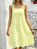 French Hollow Embroidery Square-Neck Sleeveless Dress, with Lace Shoulder Strap Design, Loose A-Line Vacation Midi Dress, Niannian Women'S Wear - 【Light Yellow】