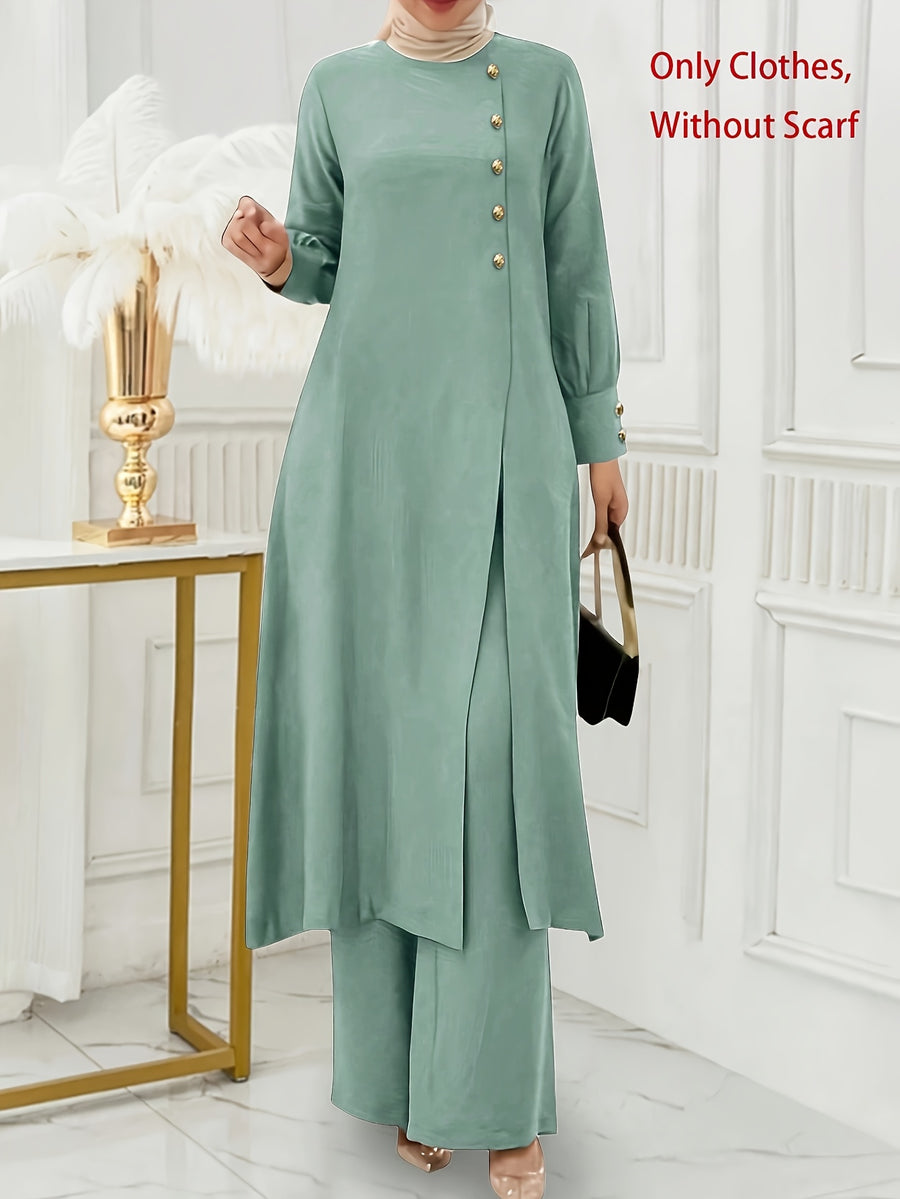 Ramadan, Women's Front-Button Long Sleeve Slit Dress & Pants Casual Arabic Style 2pcs Set, Only Clothes, Without Headscarf - Polychrome