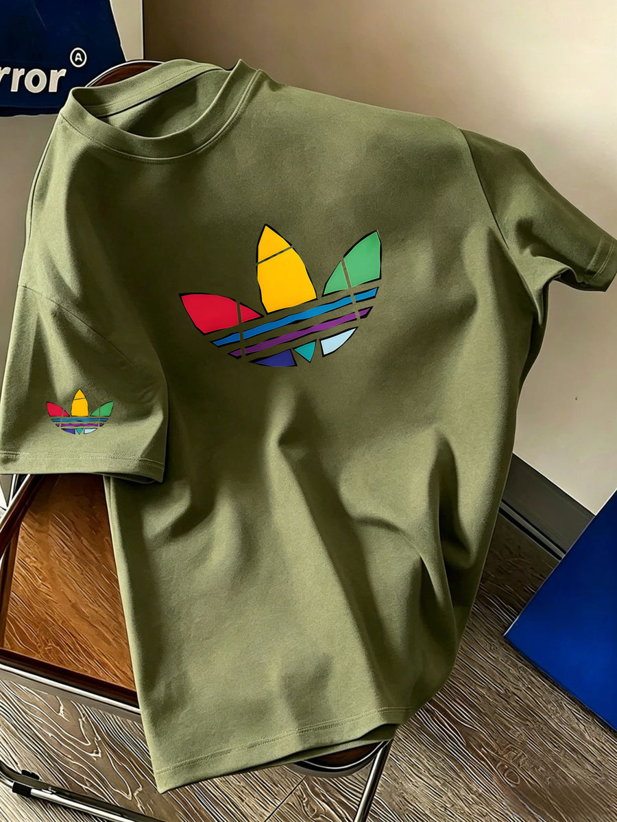 Men's Summer Casual Sports T-Shirt Colorful Trefoil Print Design Street Casual Trendy Design Suitable for Multiple Occasions Sporty Style Round Neck Breathable Quick-Dry Daily Wear - Army Green