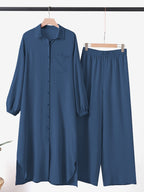 New Arabian 2pcs Abaya Set - Women'S Elegant Multi-Button Solid Color Long Sleeve Wide-Leg Trousers Without for Ramadan Spring Autumn Daily Commute - Royal Blue
