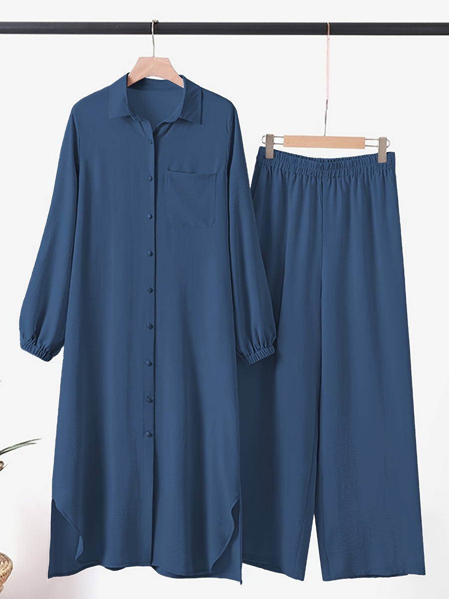 New Arabian 2pcs Abaya Set - Women'S Elegant Multi-Button Solid Color Long Sleeve Wide-Leg Trousers Without for Ramadan Spring Autumn Daily Commute - Royal Blue