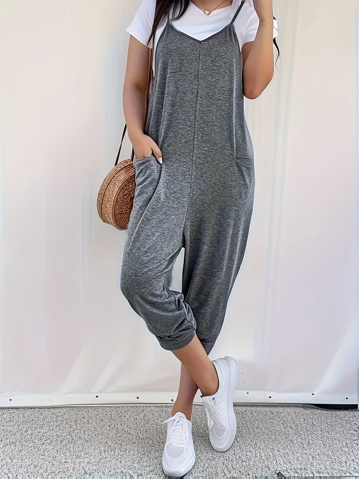 Women's Fashion Solid Color Loose Suspender V-Neck Jumpsuit - Grey