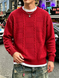Autumn Winter Men'S New Casual Loose Easy Checkered Twisted Rope Pattern Vintage American Commute All-Match Knit Long Sleeve Round Neck Pullover Top - Red