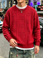 Autumn Winter Men'S New Casual Loose Easy Checkered Twisted Rope Pattern Vintage American Commute All-Match Knit Long Sleeve Round Neck Pullover Top - Red