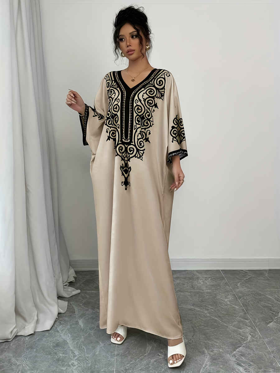 Exclusive BK090550 Elegant Women's Abaya, Bohemian Style with V-Neck and Long Sleeves, Ethnic Print, Machine Washable, Traditional Dress for All Seasons, Modest Clothing with Intricate Pattern Design, Ideal for Casual and Formal Wear - Apricot