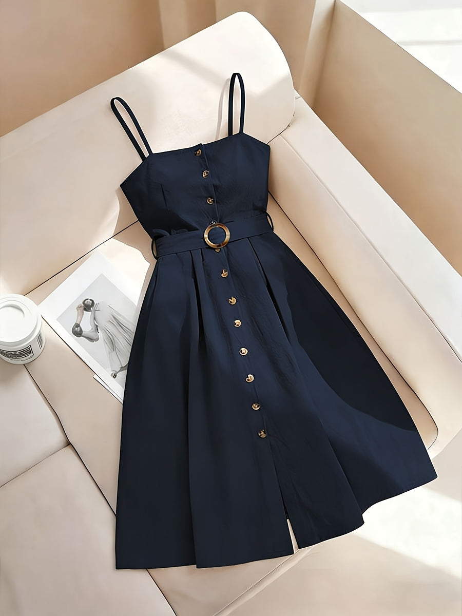 A Stylish And Elegant Sleeveless Dress with Easy Button Decorations, Perfect for Daily Commutes And Dates, Featuring a Mid-Length Design And a Belt - Navy Color