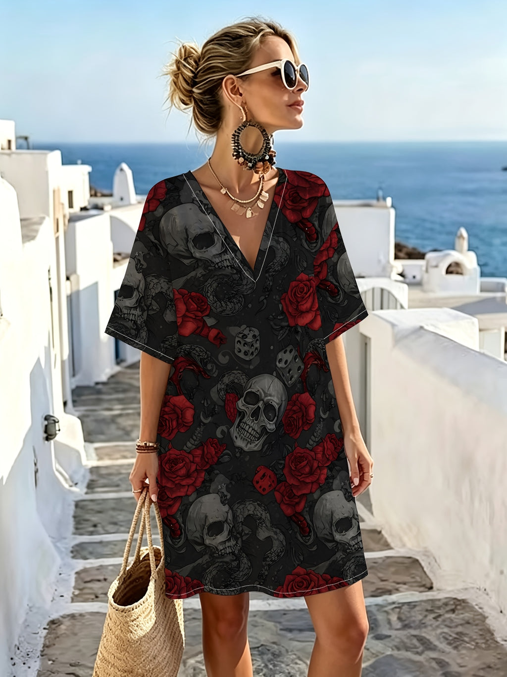 Dark-style Rose and Skull Print V-neck Dress, Featuring a Cool Snake Print and Dice Combination Pattern. Clean-cut Tailoring with a Relaxed Fit That Flatters All Body Types. Offers a Unique, Trendy, and Edgy Vibe, Perfect for Themed Parties - Mixed colors