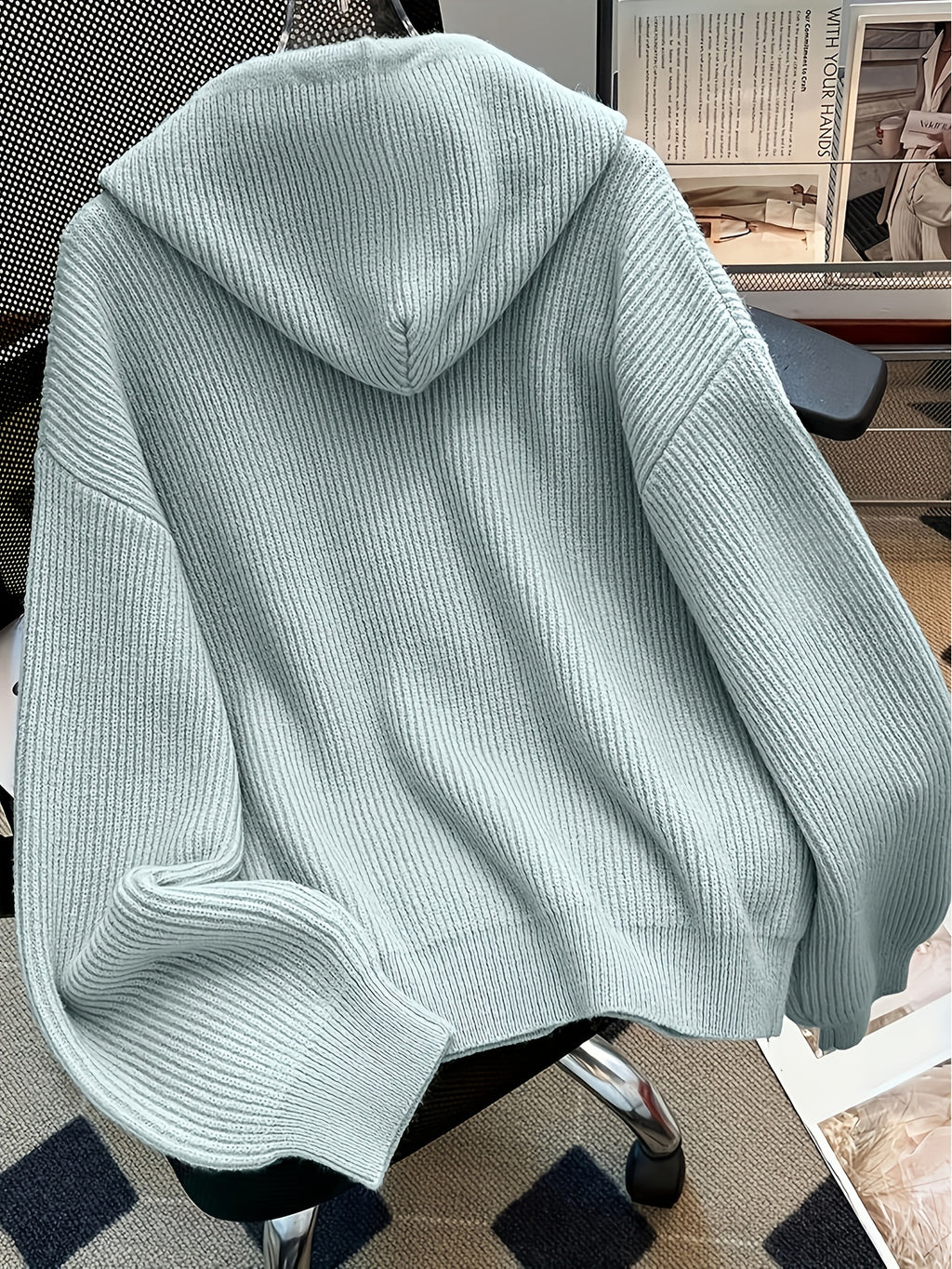 Autumn And Winter Hooded Cardigan, Solid Color Casual Easy Button-Up Sweater, Soft And Comfortable Elegant Women'S Clothing - Azure