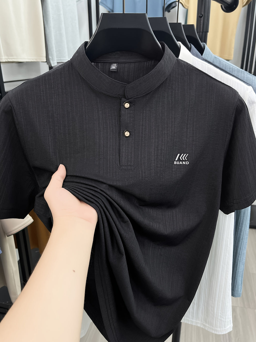 [Slight Stretch | Size up for Loose Fit] New Spring/Summer Men's Henry Shirt, Solid Color Half-Open Placket Single-Breasted Stand Collar Short Sleeve T-Shirt, Men's Business Casual Fashionable Breathable Versatile Polo Shirt, Chest Print Basic Tee - Black