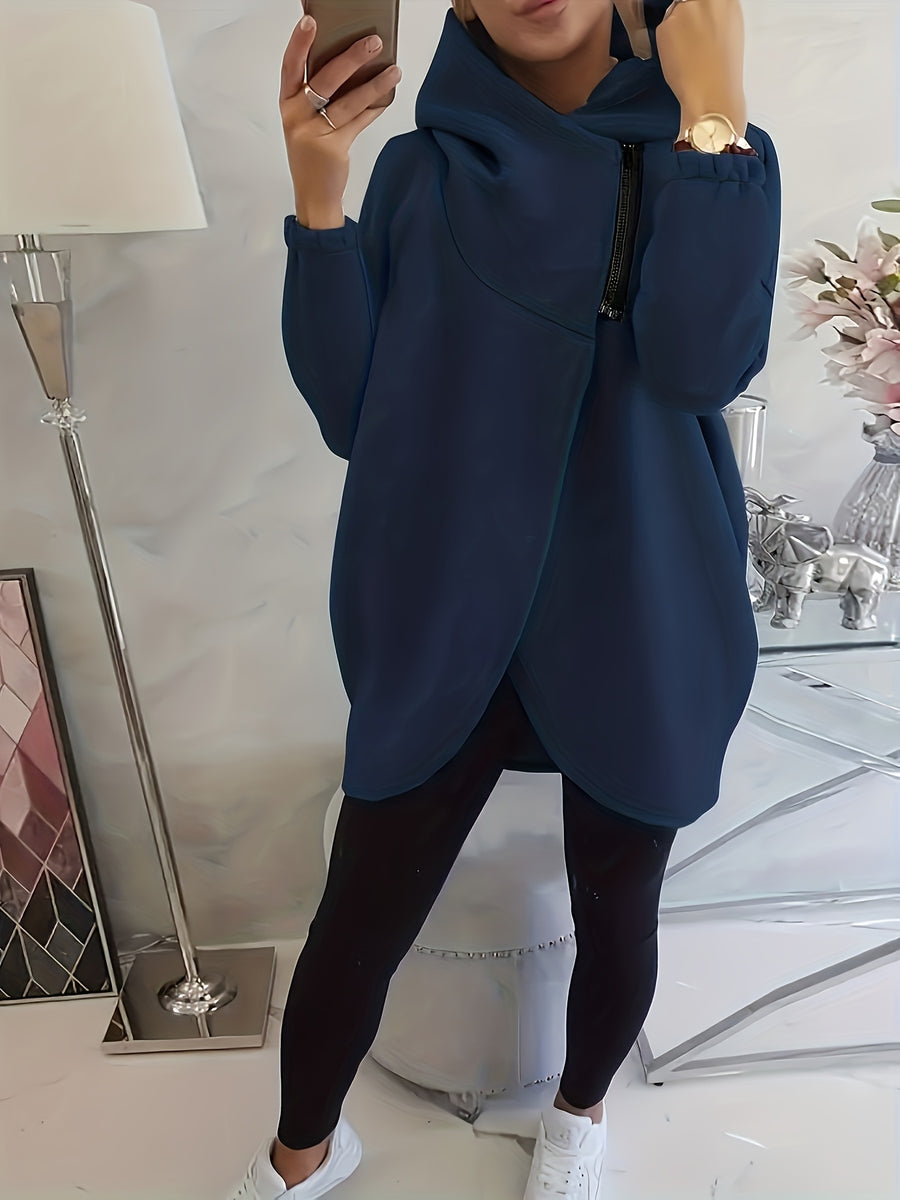 Plus Size, New European and American Women's Plus Size Hooded Sweatshirt with Full Front Zipper, Fashionable Asymmetric Hem Slit, Wide and Comfortable, Breathable, Thick and -Lined, Loose Fit, Long Sleeve, Warm for Autumn and Winter - Navy Color