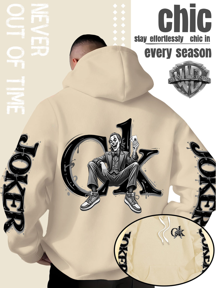 Men'S Hooded Sweatshirt, Western Trendy Cool Black And White Sketch Joker Theme Print, Sleeves with Same Series Splatter Art Lettering, Breathable And Skin-Friendly Fabric, Showcasing ' Fashion Sense, Ideal Gift for Holidays And Birthdays - Apricot
