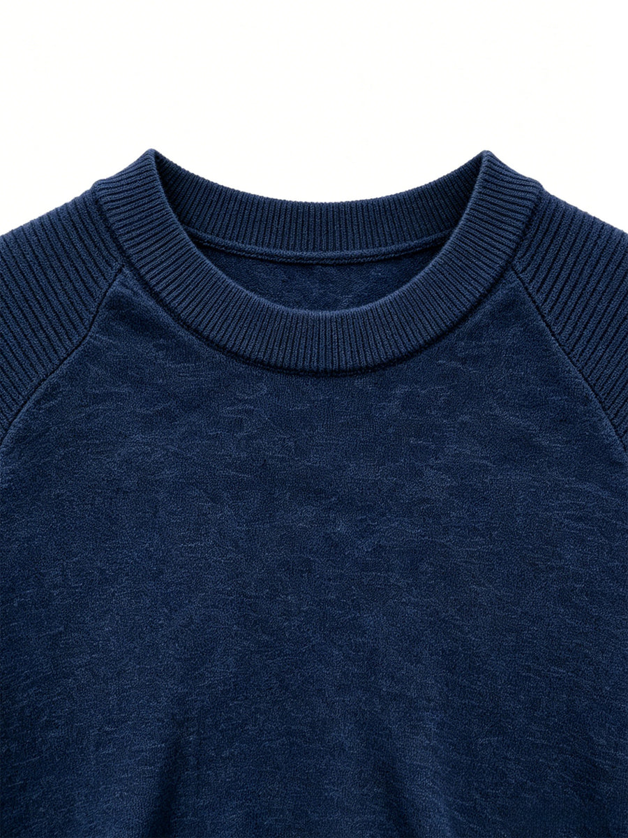 Men's Raglan Crew Neck Short Sleeve Knitwear with Street Graffiti Letter Print, Thin, Breathable, Casual Half-Sleeve - Navy Color