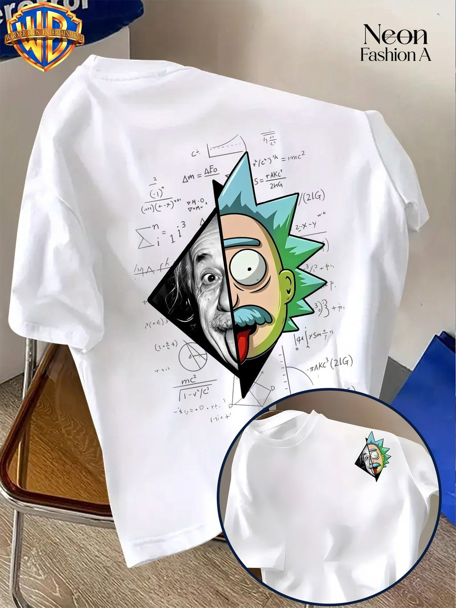 Warner Licensed Unisex Short Sleeve T-Shirt Casual Commute Shopping Classic Science And Anime Creative Patchwork Artistic Print Round Neck Pullover Summer Comfortable Breathable Trendy Top - White
