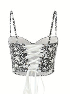 Elegant Special Vintage Floral Print Elegant Short Body-Shaping Camisole with Sexy Boning - Black and White Rattan