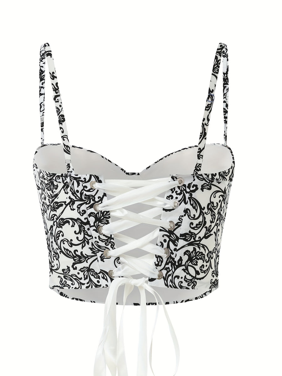 Elegant Special Vintage Floral Print Elegant Short Body-Shaping Camisole with Sexy Boning - Black and White Rattan