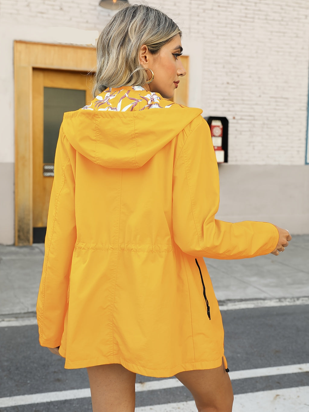 Double-Sided Jacket Women'S Spring And Autumn, Two-Sided Wear, Casual Hooded Jacket, Versatile Lightweight Print (Wash Label Size Label Inside Pocket) - Yellow