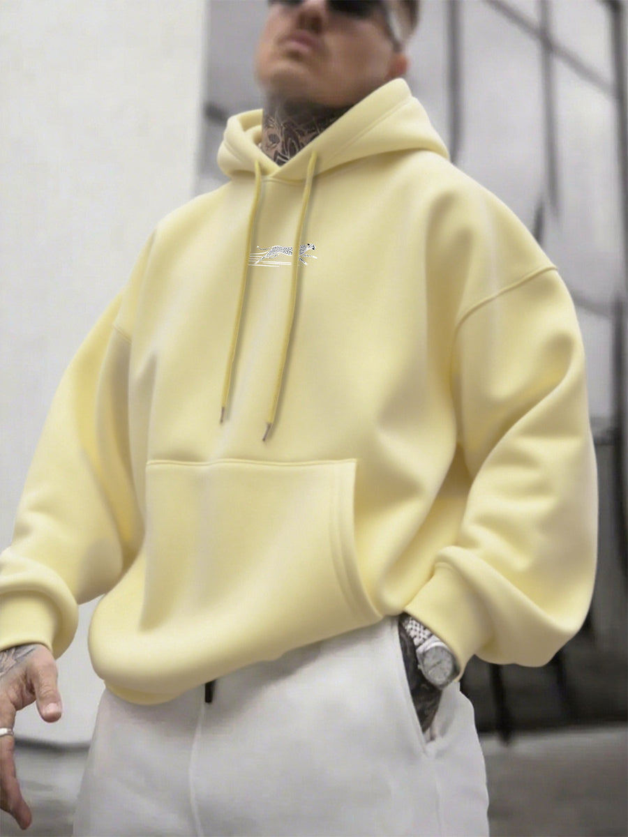 Men'S Hooded Fleece Sweatshirt, Leopard Print, Men'S Versatile Hooded Sweater, Casual And Comfortable Long-Sleeved Pullover, Autumn And Winter Hooded Sweatshirt, Easy SLOGAN, Casual, Outdoor Street Style, Fashionable - Apricot