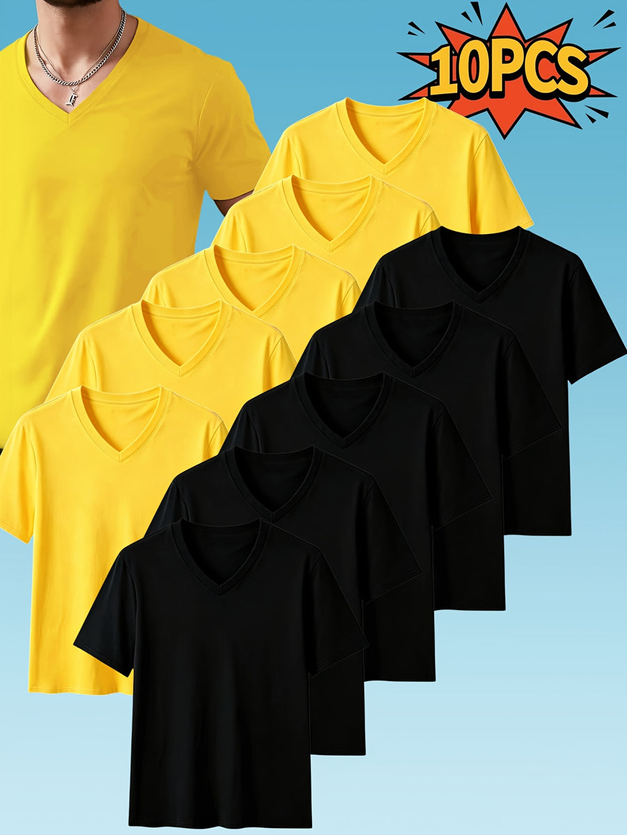 10pcs Men's Casual Knit Ribbed V-Neck T-Shirt / Soft and Comfortable Fabric / Short Sleeve / Solid Color / Crew Neck / Back-to-School Season, Casual Sporty Design Multi-pc Tops, Suitable for Summer Daily Wear - 5 pieces black + 5 pieces yellow