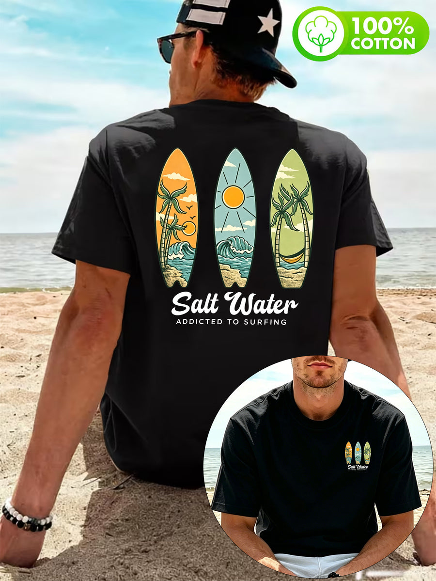 Men'S 100% T-Shirt, "Salt Water" Vintage Surfboard Front And Back Print Design, Casual Trendy Street Sport Short Sleeve T-Shirt Summer New Style, Round Neck Short Sleeve Summer Top, Casual Street Style, Suitable for Summer Daily Outdoor Wear - Black