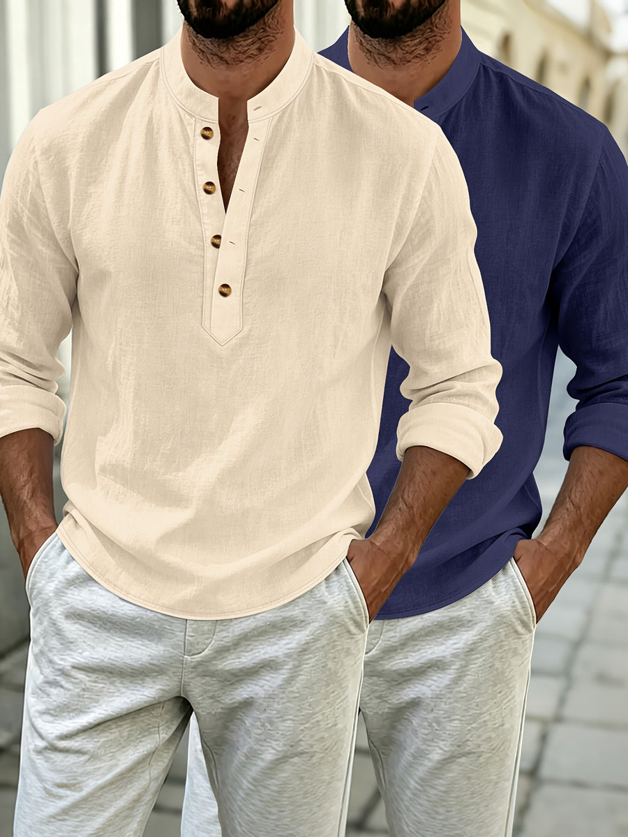2pcs Men's Solid Color Pullover Henley Shirt, Long Sleeve, Regular Fit for Spring/Autumn, Casual Outings and Parties - Apricot + Navy