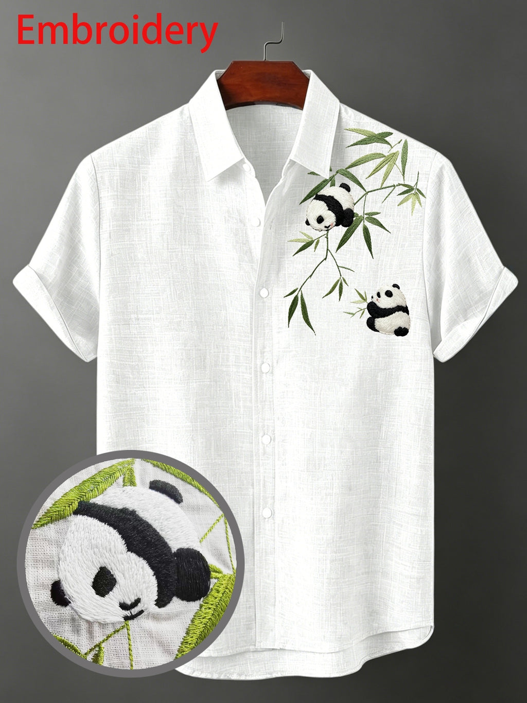Men'S Vacation Style Embroidered Panda Shirt, Cute Panda Embroidery Design, Pure Comfortable Fabric, Regular Fit, Beach Vacation/Music Festival/Ideal Gift for Boyfriend Or Husband - White