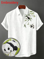 Men'S Vacation Style Embroidered Panda Shirt, Cute Panda Embroidery Design, Pure Comfortable Fabric, Regular Fit, Beach Vacation/Music Festival/Ideal Gift for Boyfriend Or Husband - White