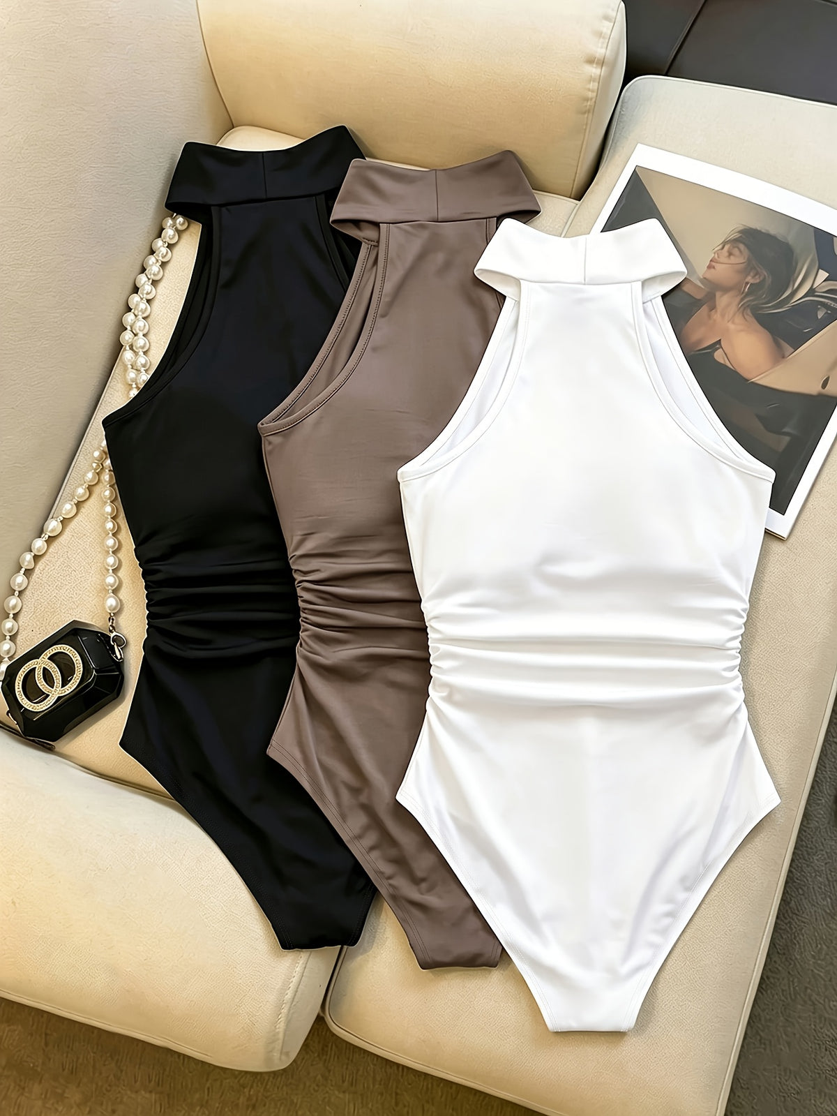 3pcs Set Autumn/Winter Temperamental Sexy Bodysuit for Women, Comfortable, Breathable, Simple, Versatile, Form-Fitting Bodysuit Top, Casual, Fashionable, Commuter Base Layer Bodysuit, Without Breast Padding - Black+white+coffee Color