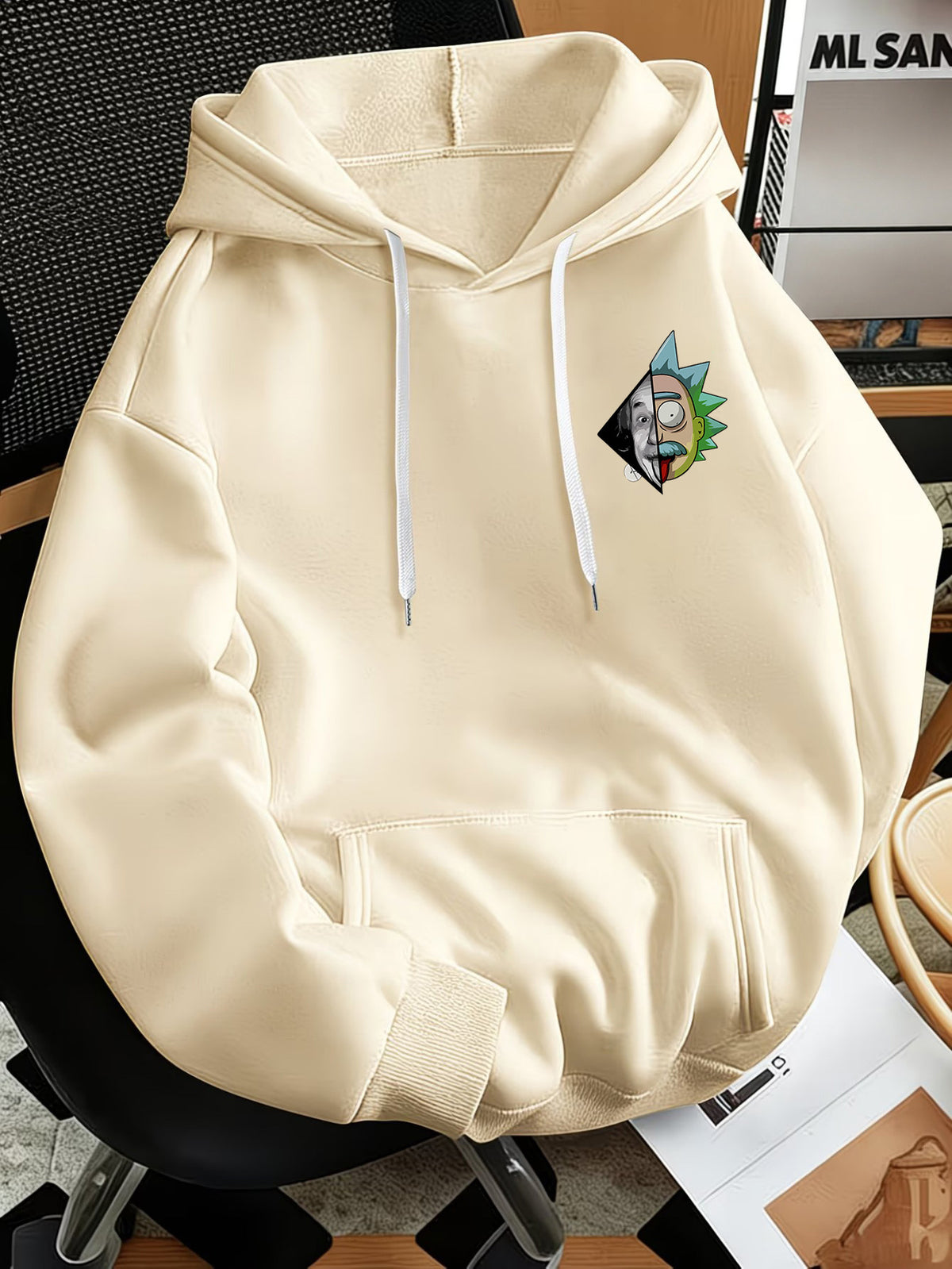Warner Bros Official Men's Fashion Sweatshirt, Rick's Classic Catchphrase Collage Einstein Polaroid Print Design, Men's Fashion Hoodie Loose Fit with Adjustable Drawstring, -Lined Sweatshirt for Comfortable Fall/Winter Wear, Outdoor Sports Casual - Apricot