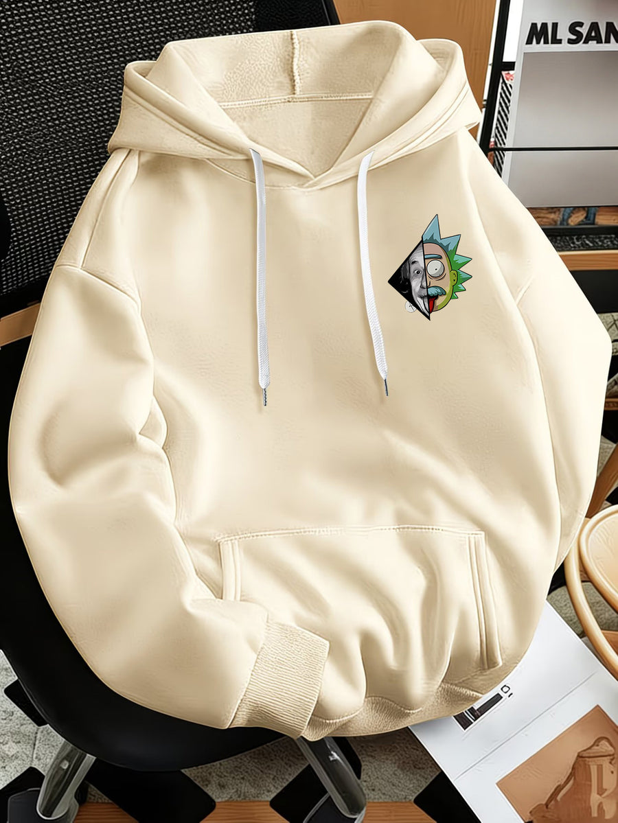 Warner Bros Official Men's Fashion Sweatshirt, Rick's Classic Catchphrase Collage Einstein Polaroid Print Design, Men's Fashion Hoodie Loose Fit with Adjustable Drawstring, -Lined Sweatshirt for Comfortable Fall/Winter Wear, Outdoor Sports Casual - Apricot