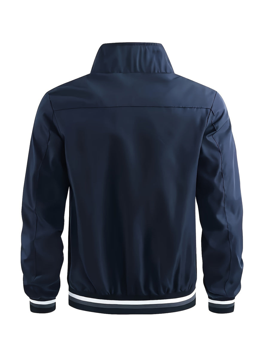 Men'S Versatile Casual Milan Element Stand-Up Collar Baseball Jacket, Contrast Ribbed Design, Windproof And Stiff, Spring Autumn Daily Commute Casual Versatile Top - Navy Color