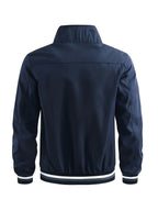 Men'S Versatile Casual Milan Element Stand-Up Collar Baseball Jacket, Contrast Ribbed Design, Windproof And Stiff, Spring Autumn Daily Commute Casual Versatile Top - Navy Color