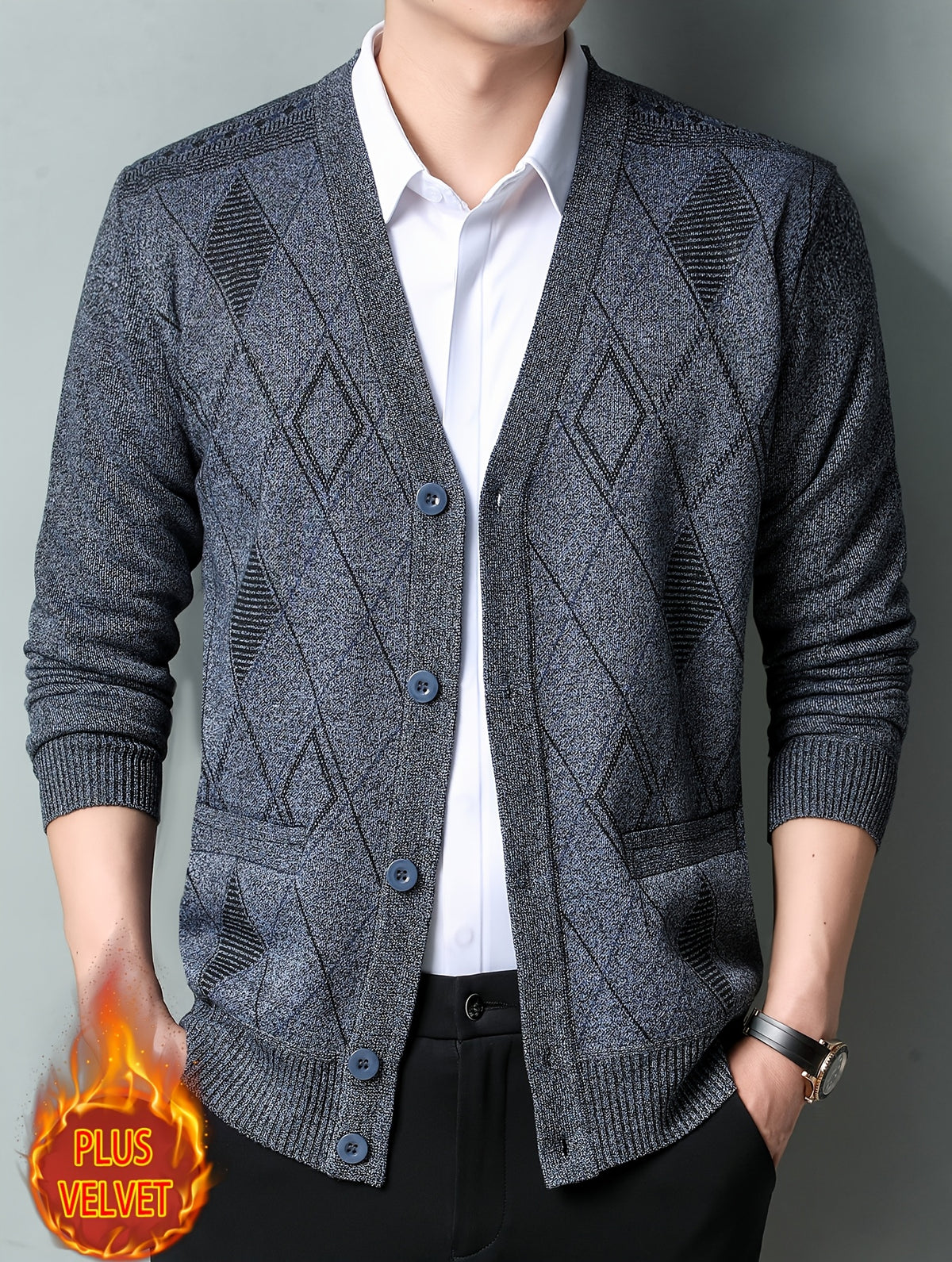 Men'S Winter Sweater, Winter Coat, Fleece-Lined And Thickened V-Neck, Fully Buttoned Cardigan, Easy Outfit, Men'S Gift, Suitable for Outdoor Travel, Mountaineering, Daily Outings, Commuting And Office Wear, Etc, Autumn Essentials - Light Grey