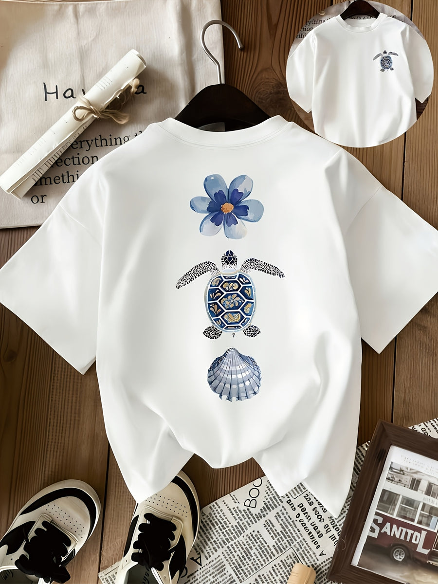 Women's Spring/Summer Casual Short Sleeve Crew Neck T-Shirt with Floral Shell Starfish Pattern, Machine Washable, Breathable Beach Design - White