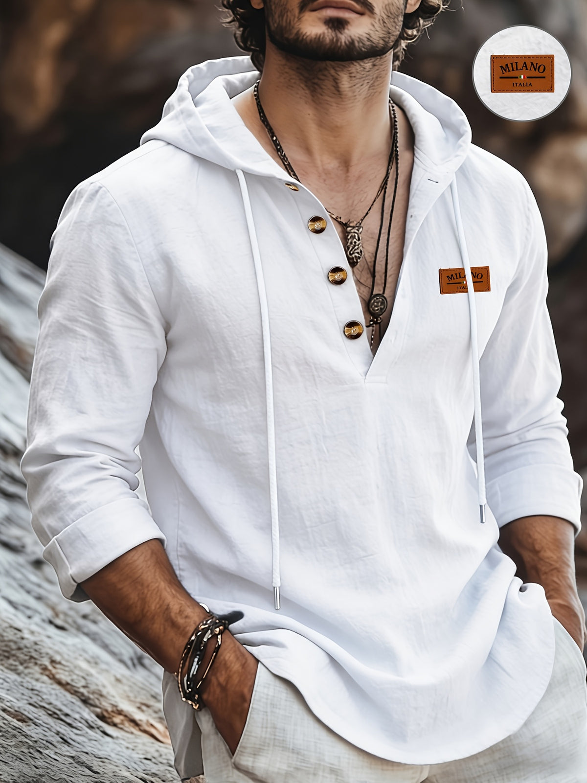 Men'S Fashion Hoodie Linen Long Sleeve Hooded Top Shirt Henley Shirt Linen Texture Hooded Henley Long Sleeve Shirt Men'S Half Button Wooden Button Drawstring Hoodie Vacation Style Loose Roll-Up Sleeve Casual Top - White