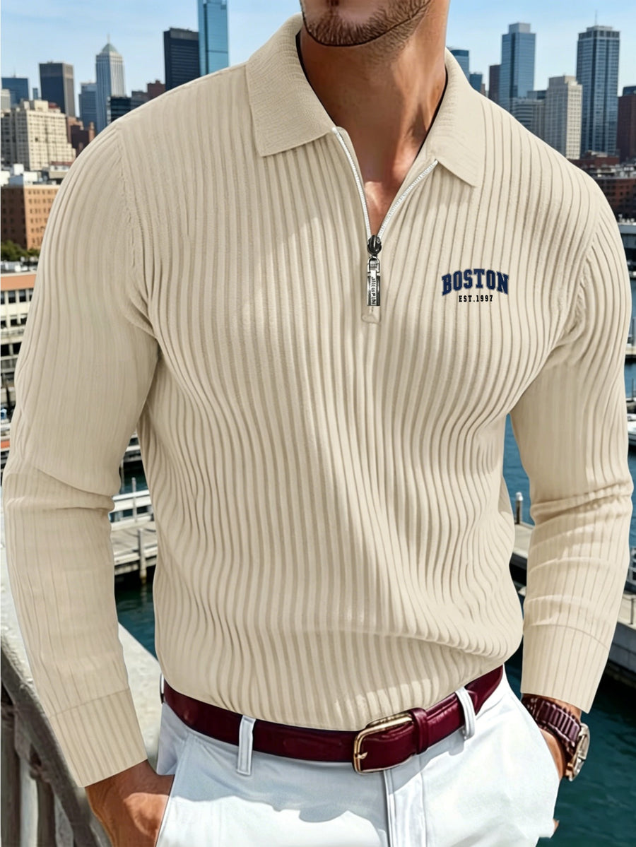 Autumn Men'S Ribbed Long Sleeve Polo Shirt Print Half-Zip Stand Collar Slim Fit Breathable T-Shirt - Khaki