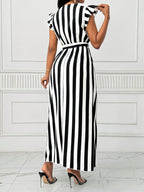 Women'S Striped Dress with Lotus Leaf Sleeves - Black