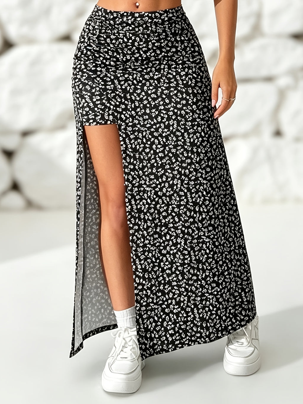 New Summer Floral Slim Fit Hip-Hugging Split Long Dress - Black