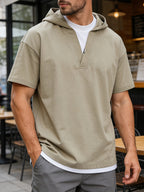 Hooded Short-Sleeve T-Shirt, New Summer Fashion V-Neck Men's Top, Casual Sportswear for Men - Gray Green