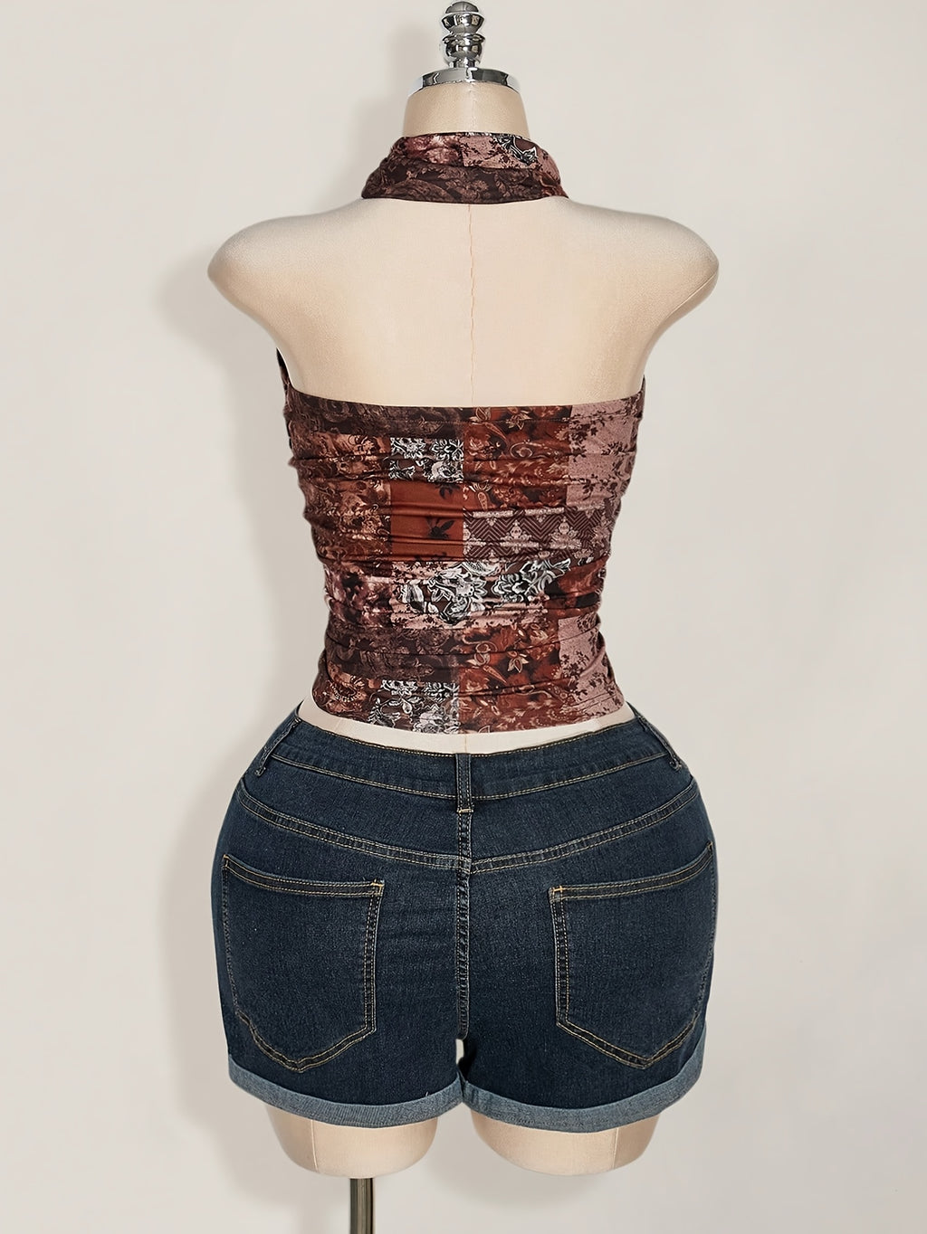 Vintage Printed Halter Crop Top for Women, Metal Ring Cutout Cowl Neck Sleeveless Backless Tank Top - Mixed colors
