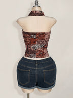 Vintage Printed Halter Crop Top for Women, Metal Ring Cutout Cowl Neck Sleeveless Backless Tank Top - Mixed colors