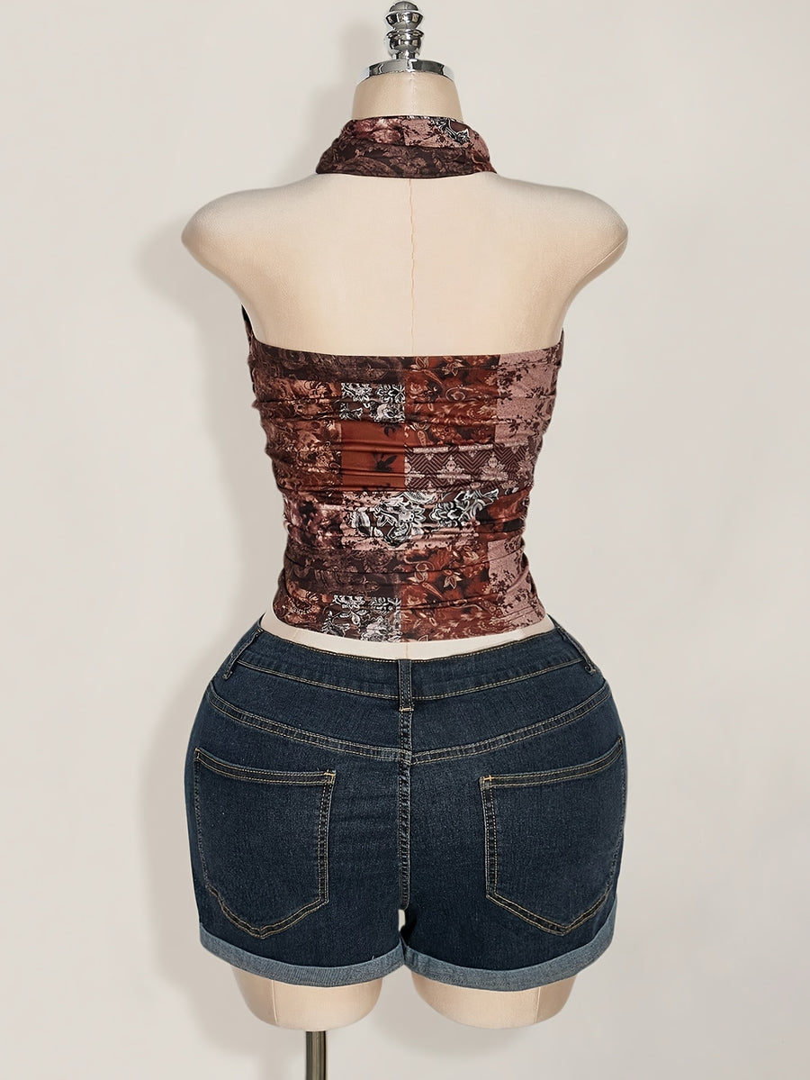 Vintage Printed Halter Crop Top for Women, Metal Ring Cutout Cowl Neck Sleeveless Backless Tank Top - Mixed colors