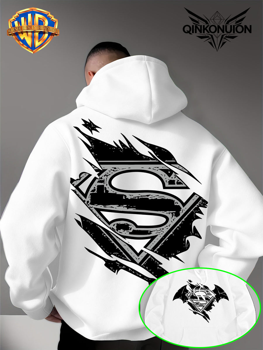 Warner Official Men's Hooded Sweatshirt, Black and White Distressed Batman Symbol Torn Wind Print Design, Machine Washable, Cozy and Comfortable Daily Drawstring Hooded Sweatshirt for Autumn and Winter, Versatile Sporty Casual Loose Fit - White