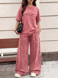Easy Style Heartbeat Line Heart EKG Pattern Print, Women'S 2Pcss Set, Women'S Retro Washed Fabric Loose Casual Round Neck Short Sleeve T-Shirt And Elastic Waist Drawstring Retro Washed Casual Athletic Long Pants Women'S 2Pcss Set - Red+Red